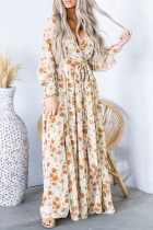 Orange Wrap V Neck Maxi Floral Dress with Side Slit