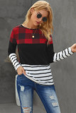 Red Plaid Splicing Striped Color Block Long Sleeve Top