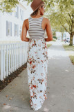 White Striped Floral Print Sleeveless Maxi Dress with Pocket