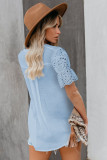 Sky Blue V Neck Eyelet Short Sleeve Pleated Blouse