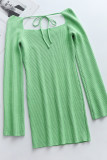 Square Neck Ribbed Knitting Mini Dress