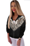 Black Chevron Sequin Leopard Patchwork Zip up Jacket