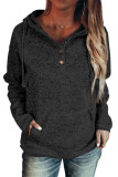 Black Heathered Print Button Snap Neck Pullover Hoodie