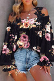 Black Floral Print Lace Patchwork Loose Cold Shoulder Blouse