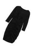 Black Crewneck Long Sleeve Shirred Split Bodycon Dress