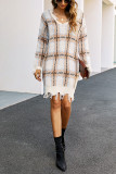 V Neck Plaid Ripped Tassle Knitting Sweater Dress