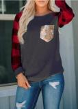 Dark Grey Body Red Plaid Sleeve Women Top