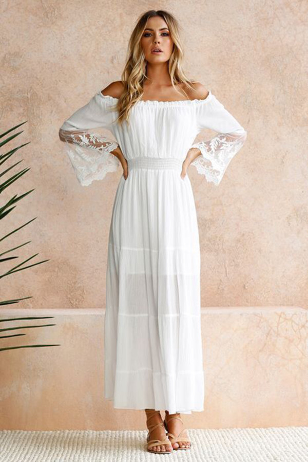 White Off Shoulder Embroidered Flared Sleeve Lace Maxi Dress