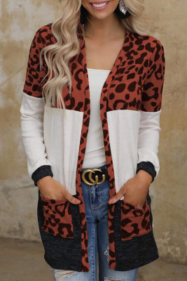 Brown Leopard Block Cardigan with Pockets