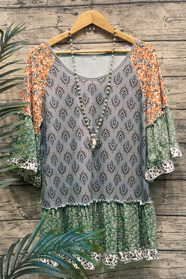 Mixed and Match Contrast Floral Print Ruffles Top