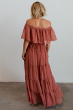 Rust Red Off Shoulder Ruffle Swiss Dot Maxi Dress