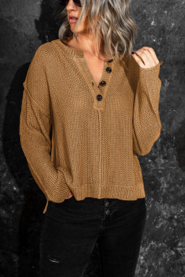 Brown Buttoned Side Split Knit Sweater
