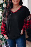 Black Sequined Leopard Insert Plaid Sleeve Plus Size Top