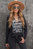 Black Split Neck Letter Print Pullover Long Sleeve Top
