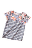 Gray Round Neck Floral Striped Print Kid's Tee