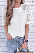 White Plain Lace Stitching Short Sleeve Tee