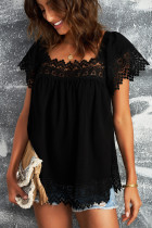 Black Lace Pom Pom Splicing Square Neck Blouse