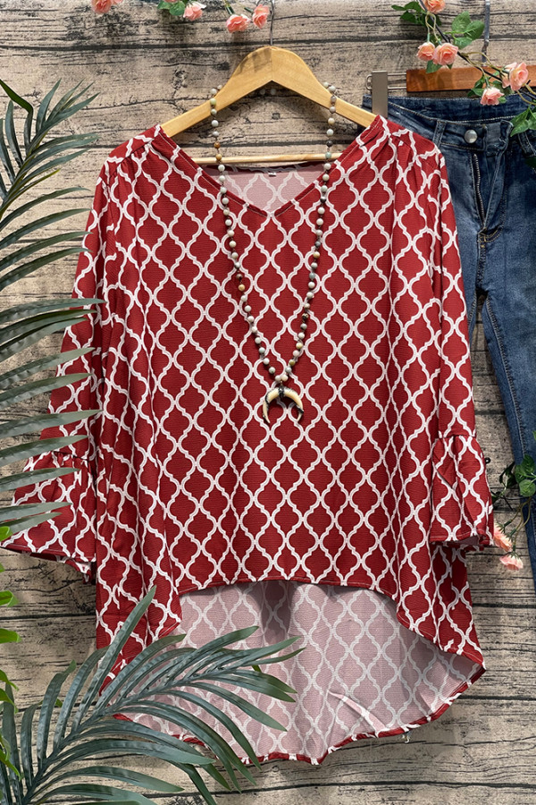 V Neck Flare Sleeves Printing Top