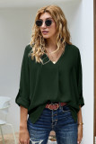 Green V Neck 3/4 Sleeve High Low Hem Shirt