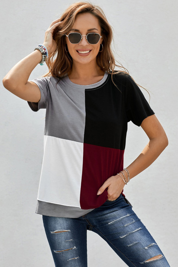 Wine Red Colorblock T-shirt with Slits