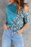 Blue Asymmetric Cold Shoulder Mock Neck Leopard Colorblock Top