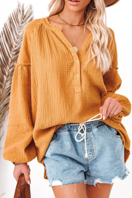 Yellow Casual Balloon Sleeve Crinkled Top