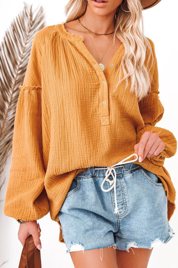 Yellow Casual Balloon Sleeve Crinkled Top