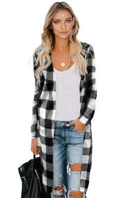 Black Plaid Print Long Cardigan