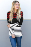 Red Plaid Splicing Striped Color Block Long Sleeve Top