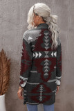 Gray Lapel Collar Geometric Print Knit Cardigan