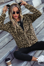 Leopard Open Zipper Pockets Fleece Coat