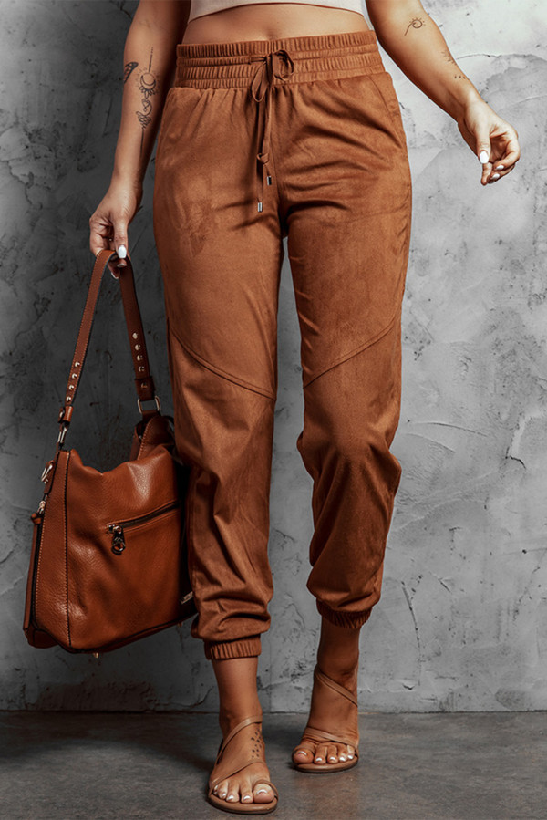 Brown High Waist Drawstring Jogger Pants