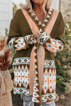 Brown Aztec Print Open Front Knitted Cardigan