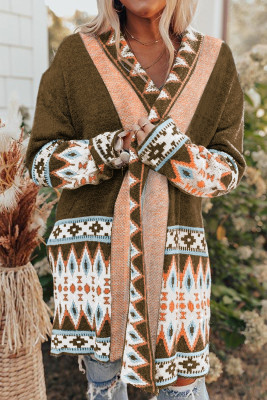 Brown Aztec Print Open Front Knitted Cardigan