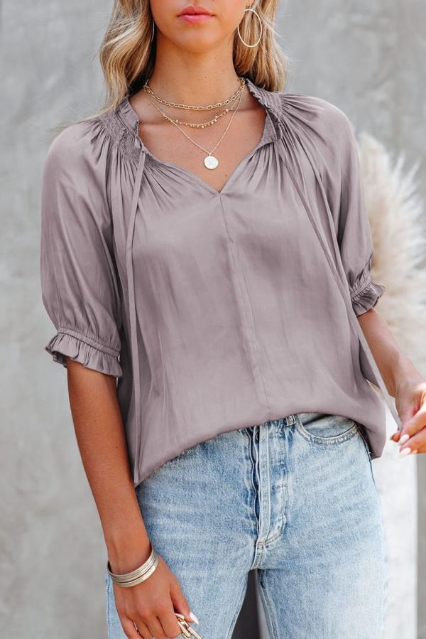 Khaki Split Frill Neck Puff Sleeve Blouse