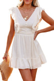 White V Neck Ruffles Open Back A-line Mini Dress