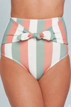 Multicolor Stripes Print Front Tie High Waist Bikini Bottoms