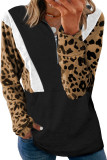 Black Pocketed Half Zip Leopard Pullover Sweatshirt