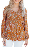 Orange Floral Print Shirred Long Sleeve V Neck Blouse