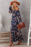 Blue Smocked Off Shoulder Side Slit Floral Dress