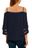 Blue Spaghetti Straps Cold Shoulder Mesh Insert Bell Sleeve Blouse