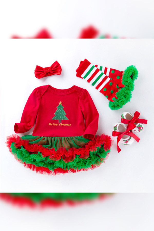 Baby Christmas Ruffles Romper with Bow Socks and Shoes 4pcs Set