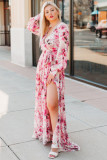 Pink Wrap V Neck Floral Maxi Dress