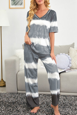 Gray Two-Piece Tie-dye V-Neck Top Elastic Waist Pants Set