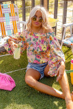 Yellow Colored Drawing Flowers Sexy Off Shoulder Top