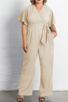 Apricot V Neck Tie Knot High Waist Plus Size Jumpsuit