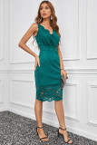 Green Lace Sleeveless Deep V Neck Bodycon Midi Dress