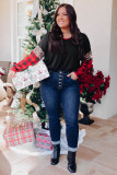 Black Sequined Leopard Insert Plaid Sleeve Plus Size Top