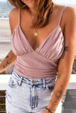 Pink Ruched Spaghetti Strap Sleeveless V Neck Bodysuit