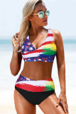 Multicolor Tie-dye Flag Print Wrap V Neck Lace-up Back Bikini